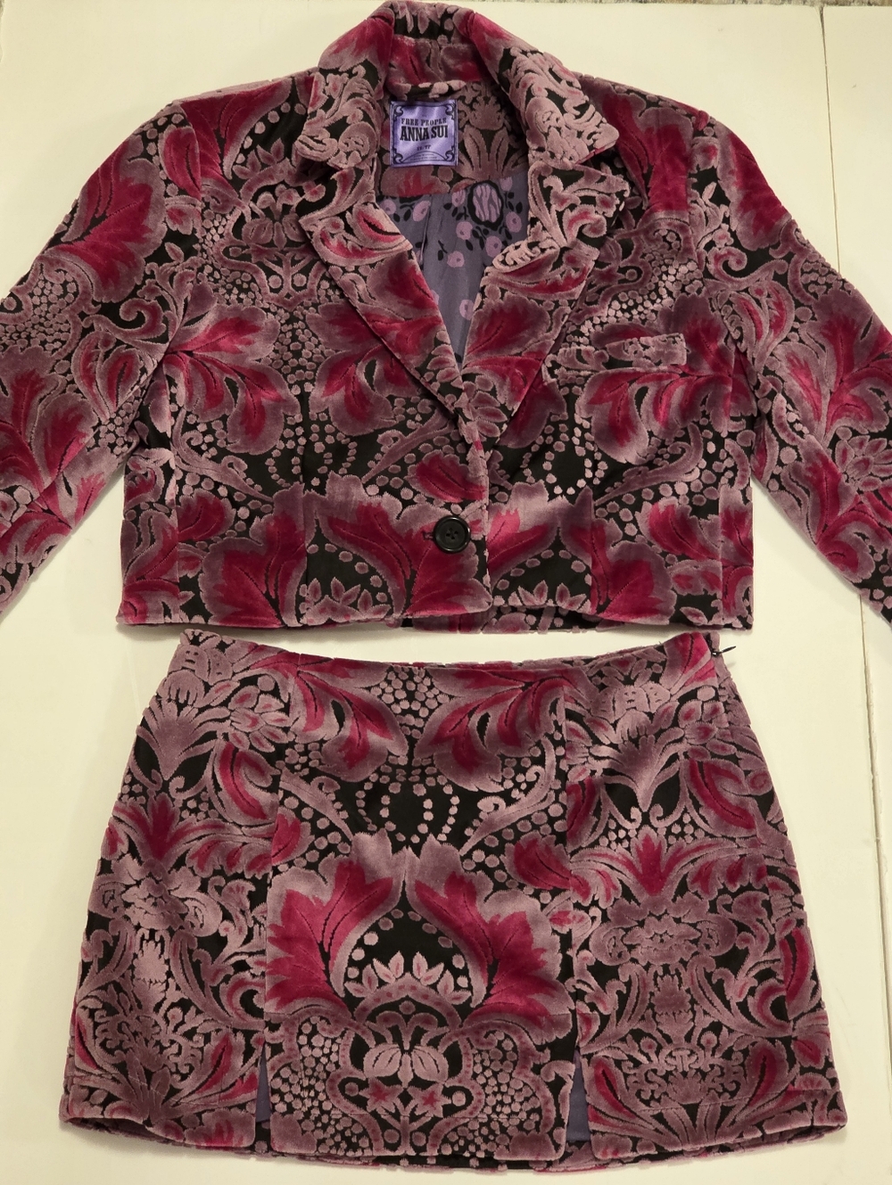 Free People × Anna Sui Purple Floral Lined Jacket & Skirt Set Womens XS - Picture 4 of 14